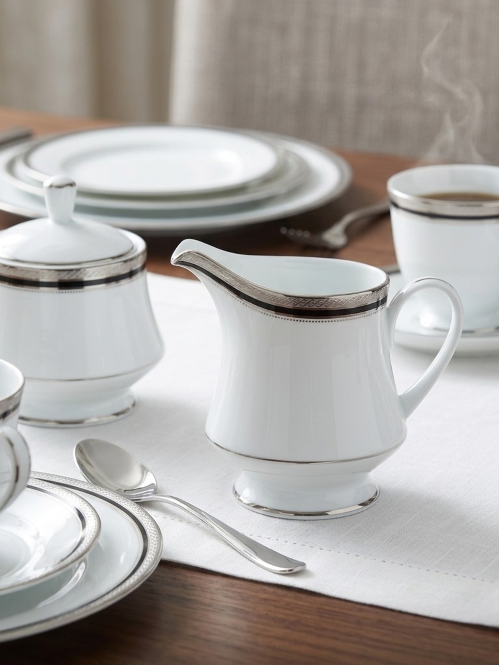White Porcelain Creamer with Silver Trim - Noritake Austin Platinum